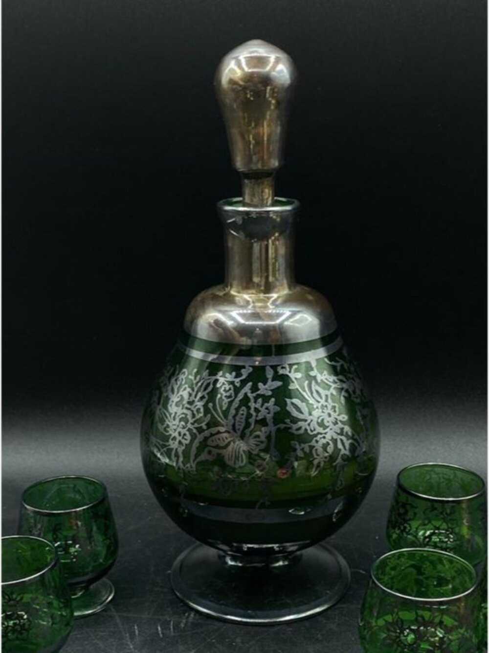 Italian Glass Silver Overlay Floral Pattern Green Decanter and 5 Cordial Glasses - Picture 10 of 12